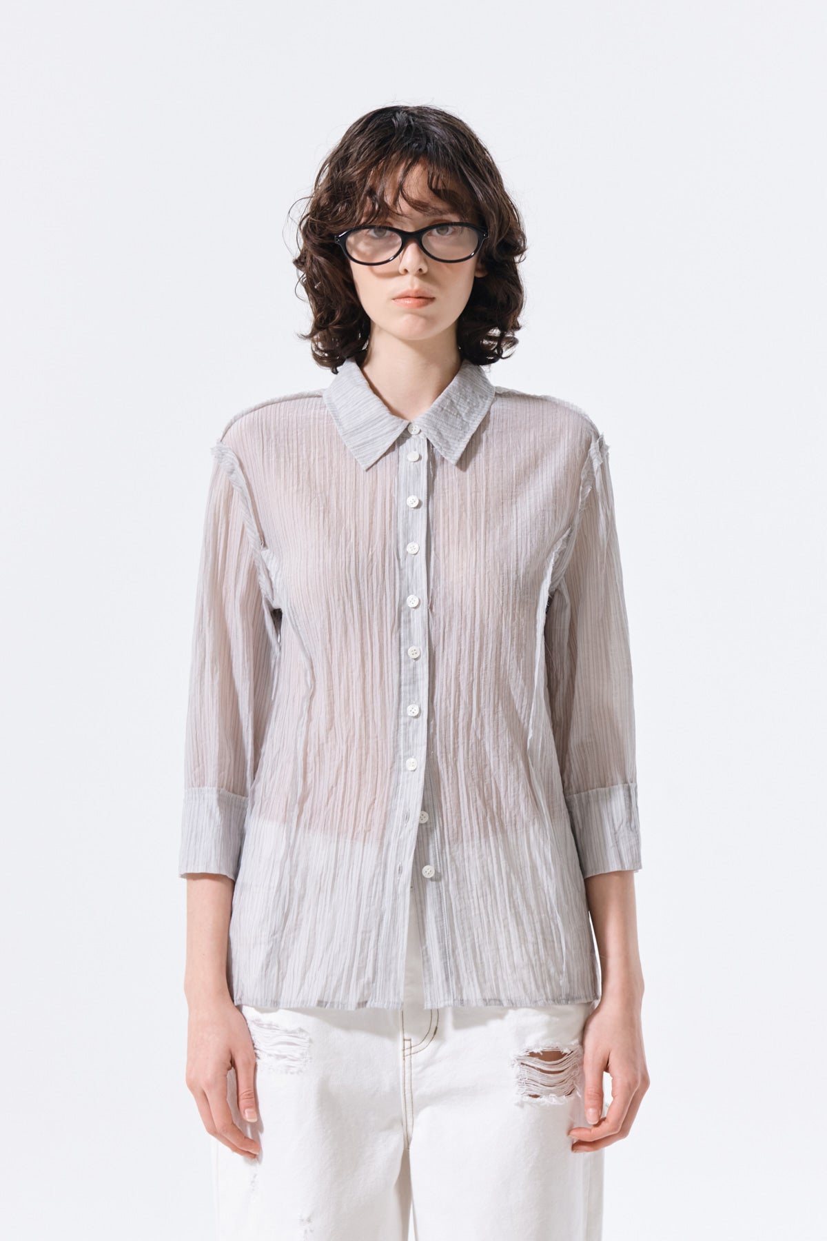 matinkim RAW EDGE CRINKLE BLOUSE IN LIGHT GREY