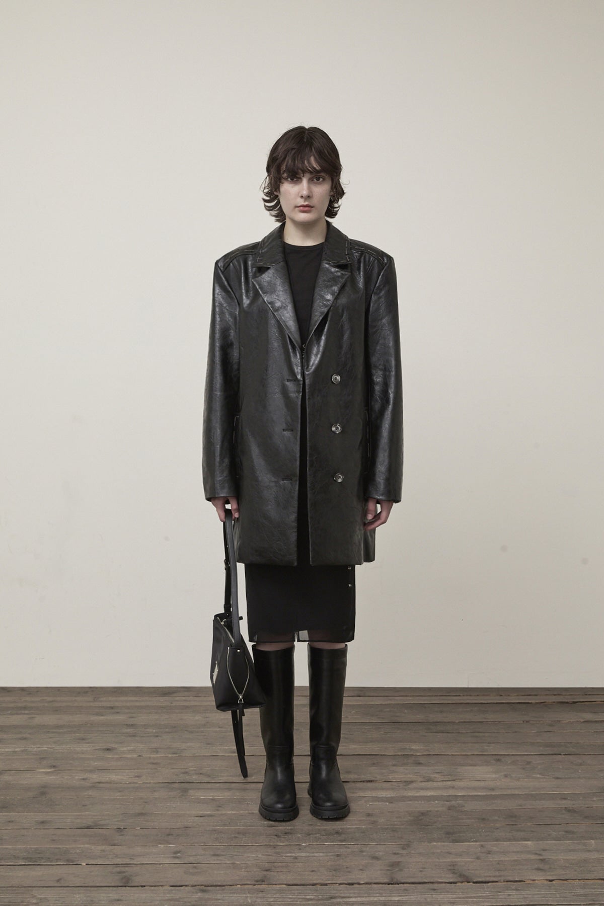 matinkim FAUX LEATHER HALF DOUBLE JACKET IN BLACK