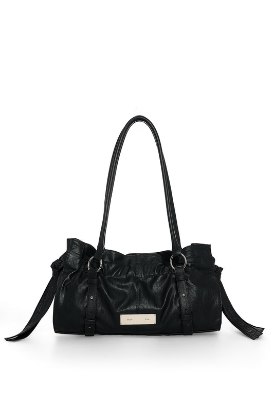 matinkim SHIRRING TIE BUCKLE SHOULDER BAG IN BLACK