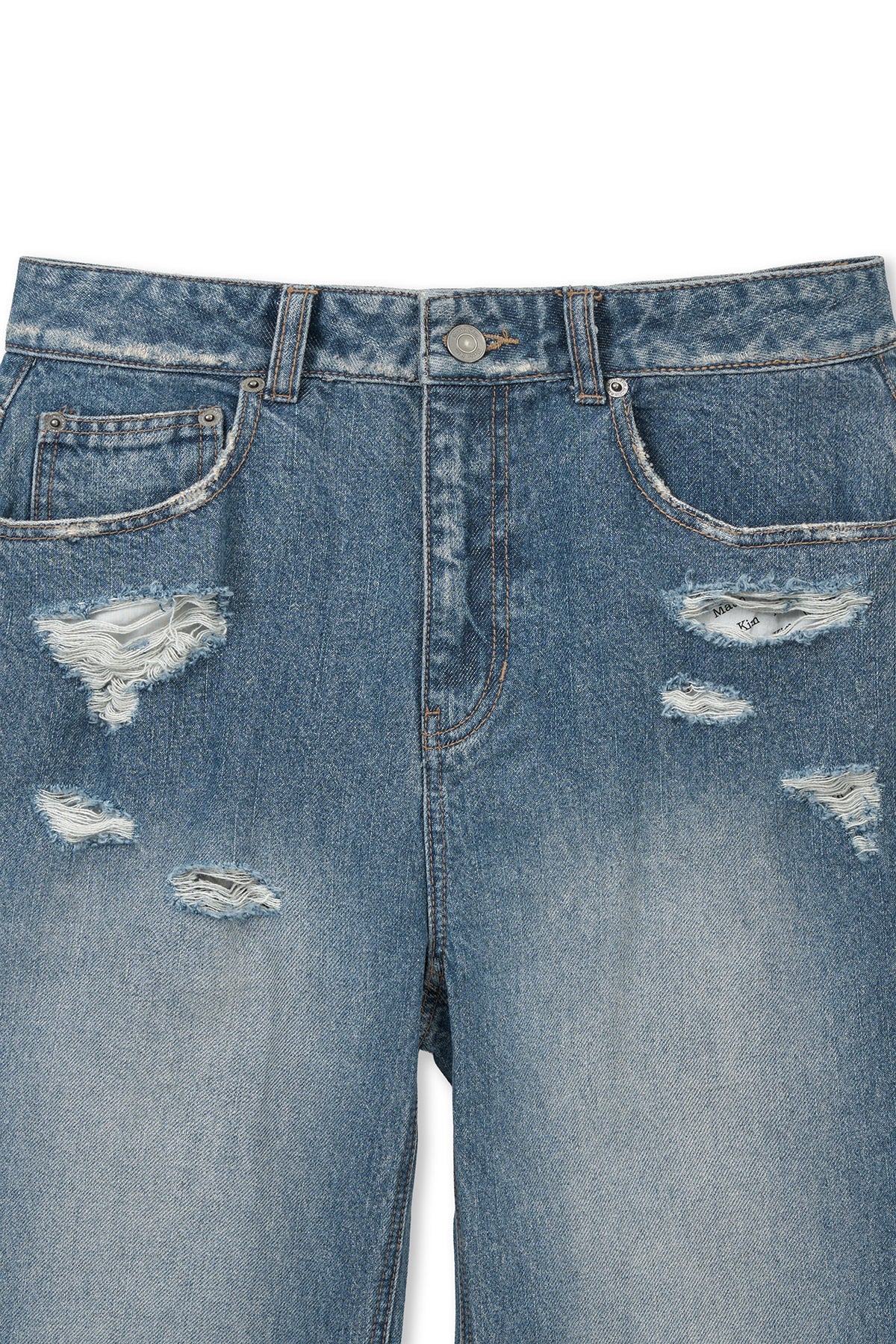 matinkim BACK POCKET PATCH DESTROYED DENIM PANTS IN BLUE