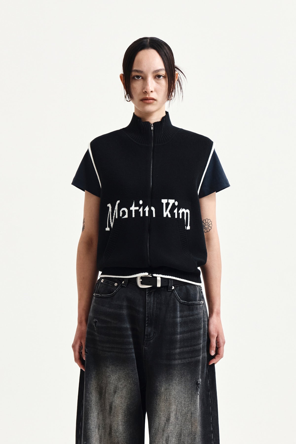 matinkim MATIN SPELL POINT KNIT ZIP UP VEST IN BLACK