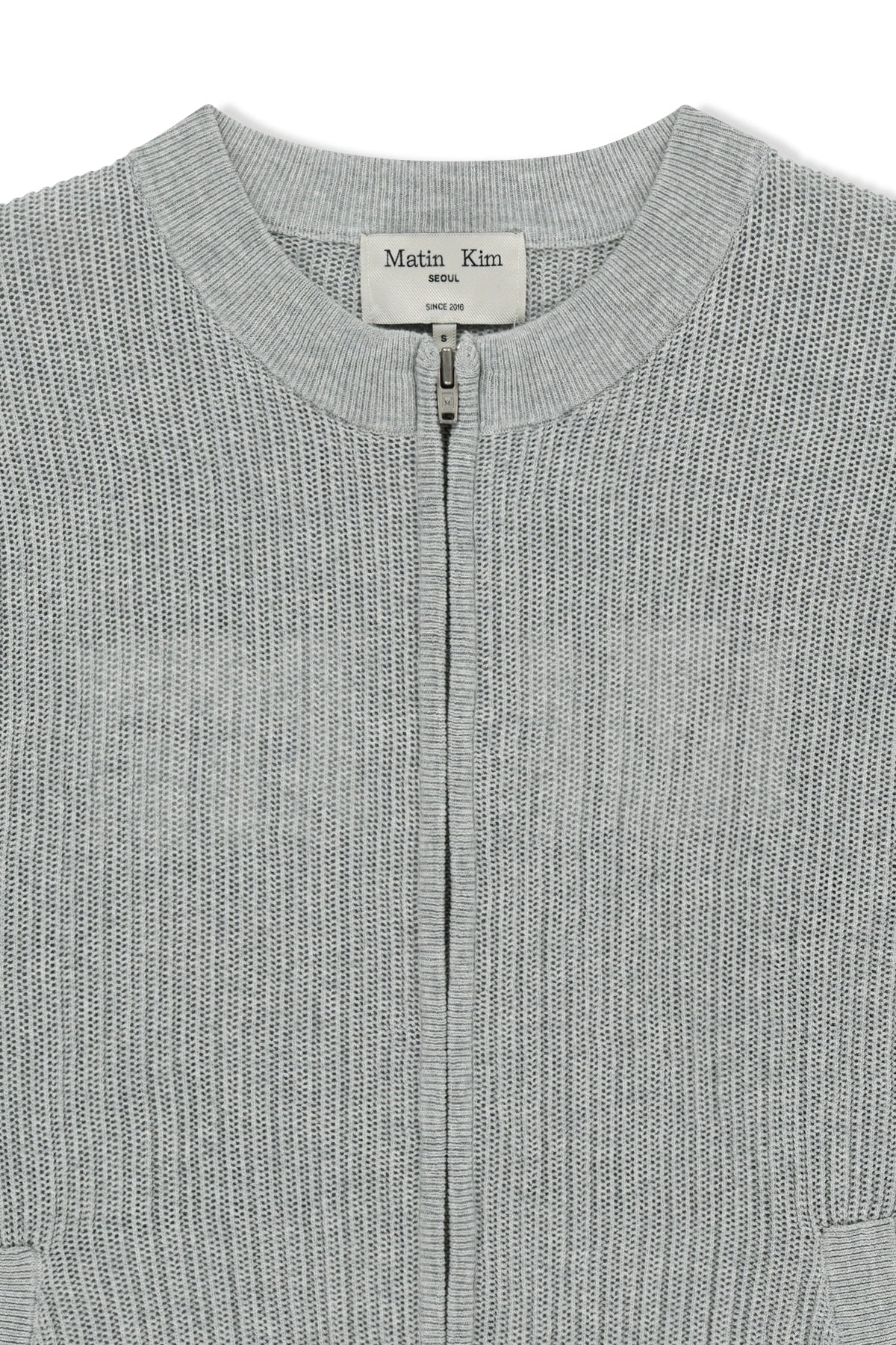 matinkim BACK LOGO JACQUARD MESH KNIT ZIP UP IN LIGHT GREY