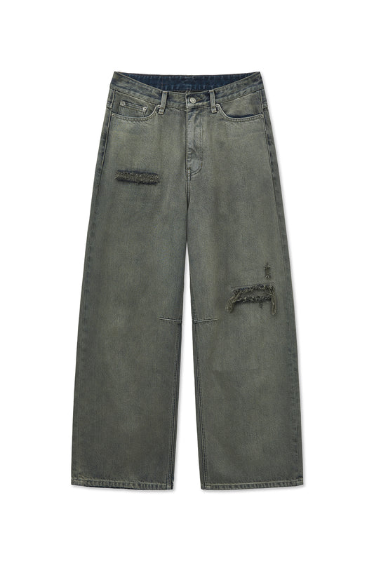 matinkim BACK LOGO WIDE DENIM PANTS IN SMOKE BLUE