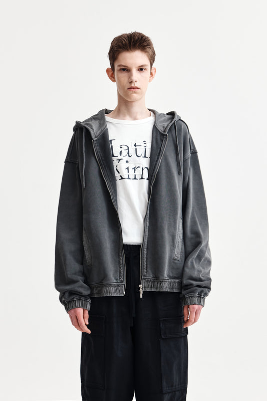 matinkim BACK LOGO PIGMENT DYED ZIP UP HOODY FOR MEN IN CHARCOAL