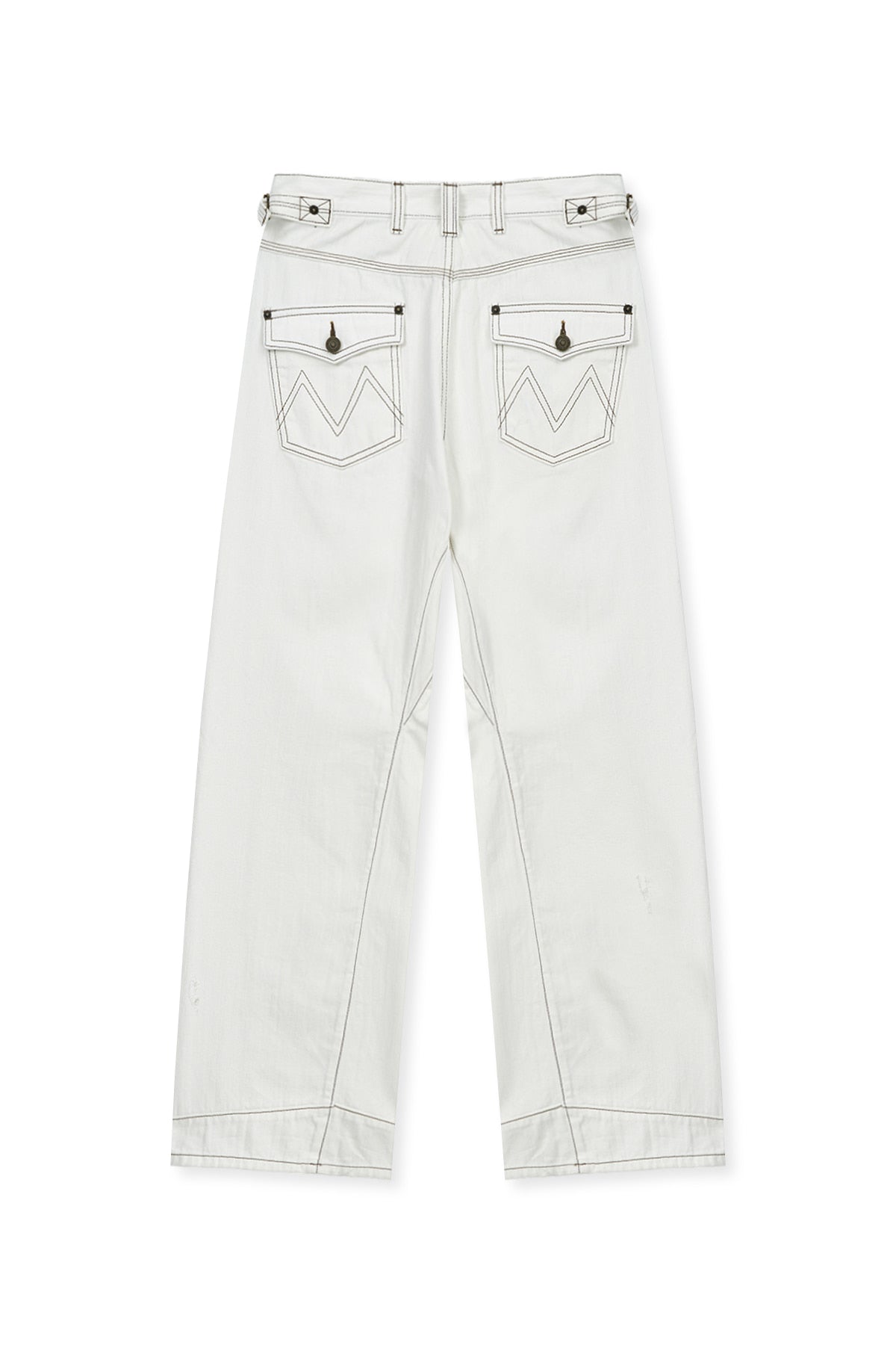 matinkim WAIST BUCKLE STITCH POINT TWILL DENIM PANTS IN IVORY