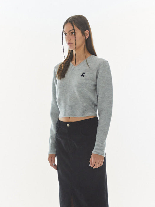 rest&recreation WOOL V-NECK CROPPED KNIT - GREY