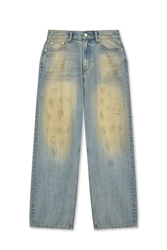 matinkim VINTAGE DIRTY WASHED DENIM PANTS IN LIGHT BLUE