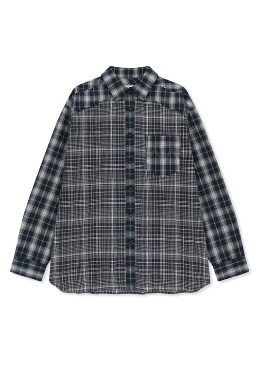matinkim MIXED CHECK OVER FIT SHIRT IN NAVY