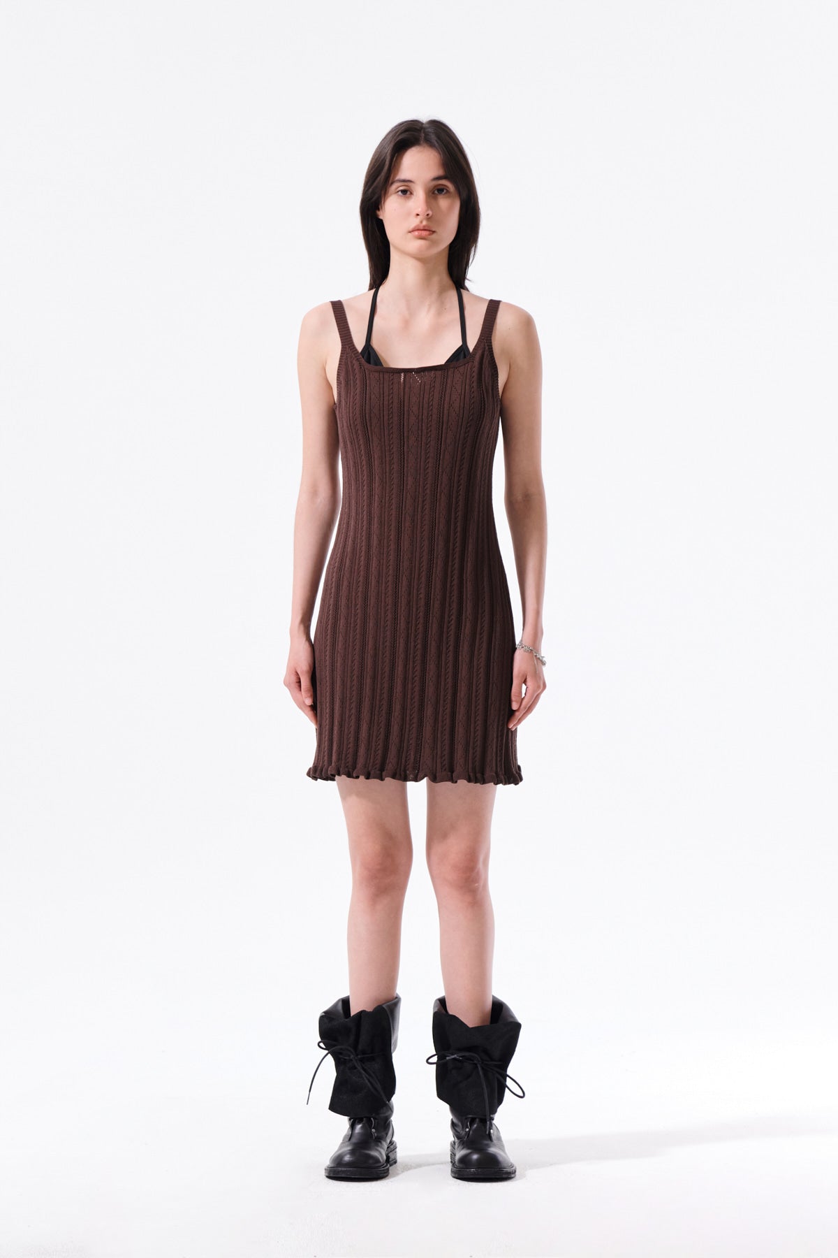 matinkim OPEN BACK RIBBED KNIT DRESS IN BROWN