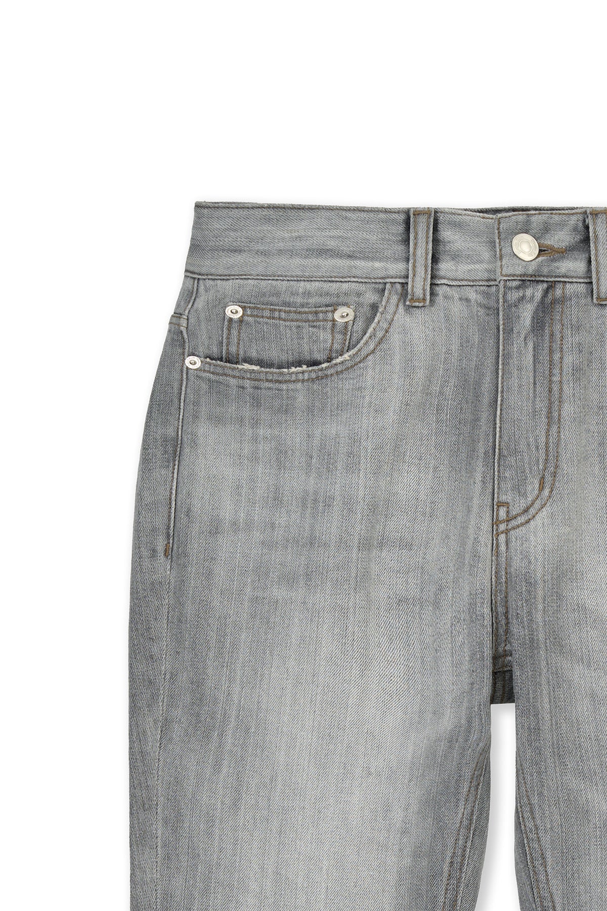 matinkim WASHED POINT BOOTS CUT DENIM PANTS IN GREY