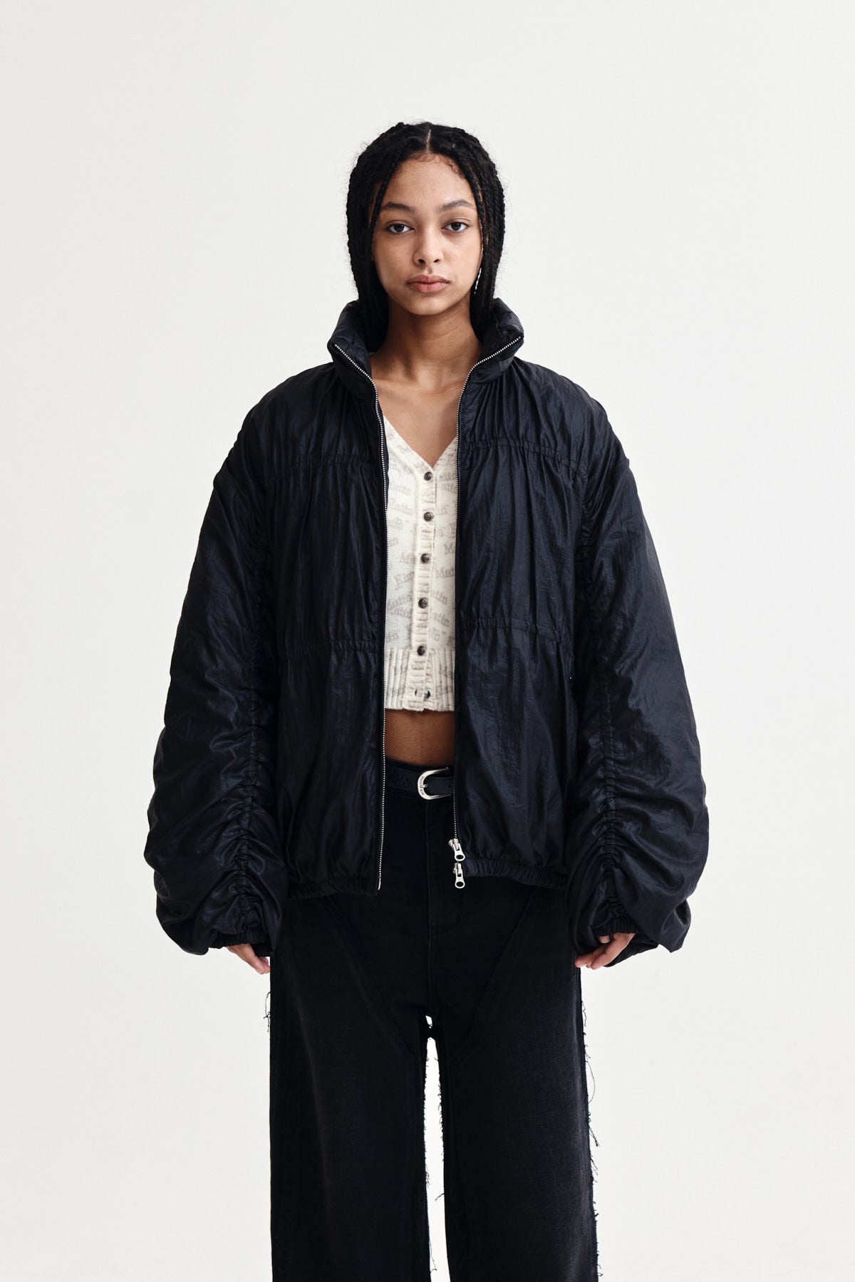 matinkim HIGH NECK SHIRRING DOWN JUMPER IN BLACK