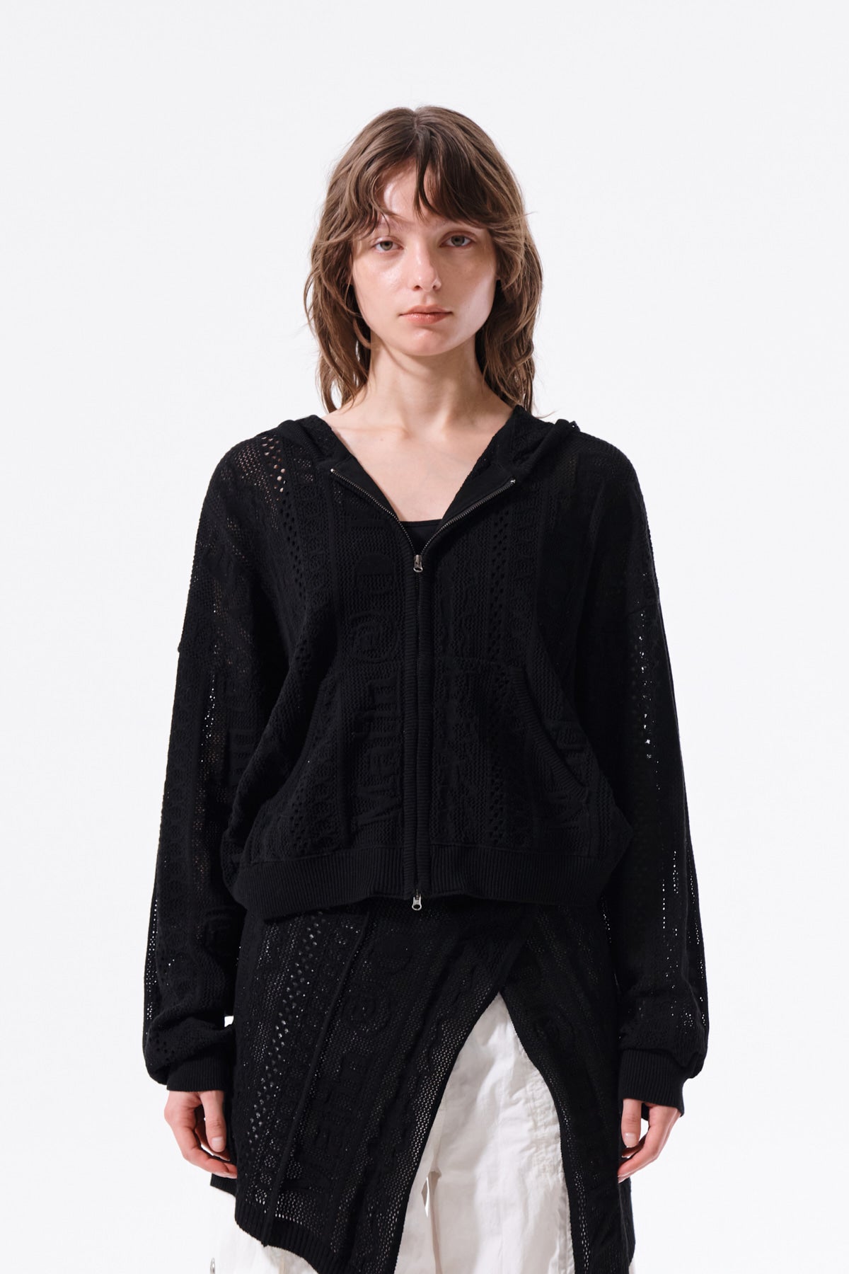 matinkim MESH LOGO KNIT HOODY ZIP UP IN BLACK