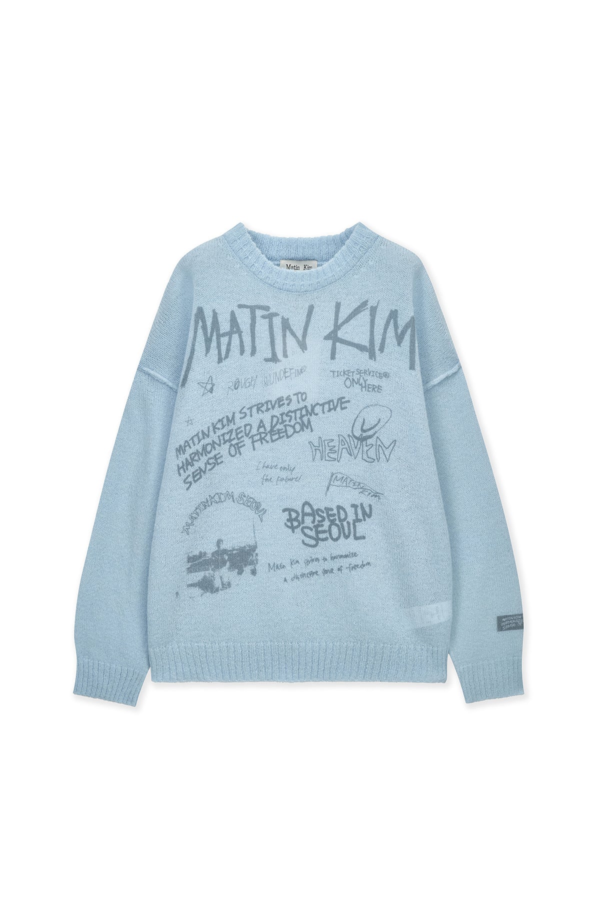 matinkim GRAFFITI ARTWORK KNIT PULLOVER IN LIGHT BLUE