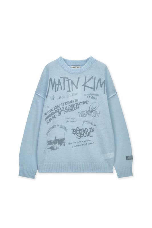 matinkim GRAFFITI ARTWORK KNIT PULLOVER IN LIGHT BLUE