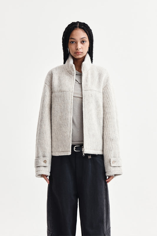 matinkim HAIRY HIGH NECK ZIP UP JUMPER IN LIGHT BEIGE