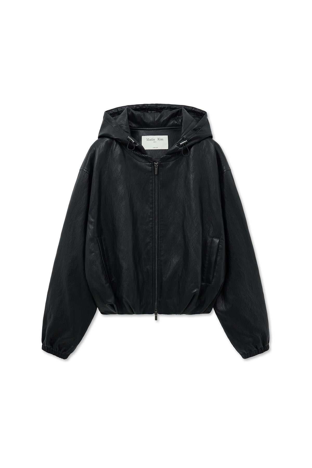 matinkim FAUX LEATHER HOODY CROP JUMPER IN BLACK