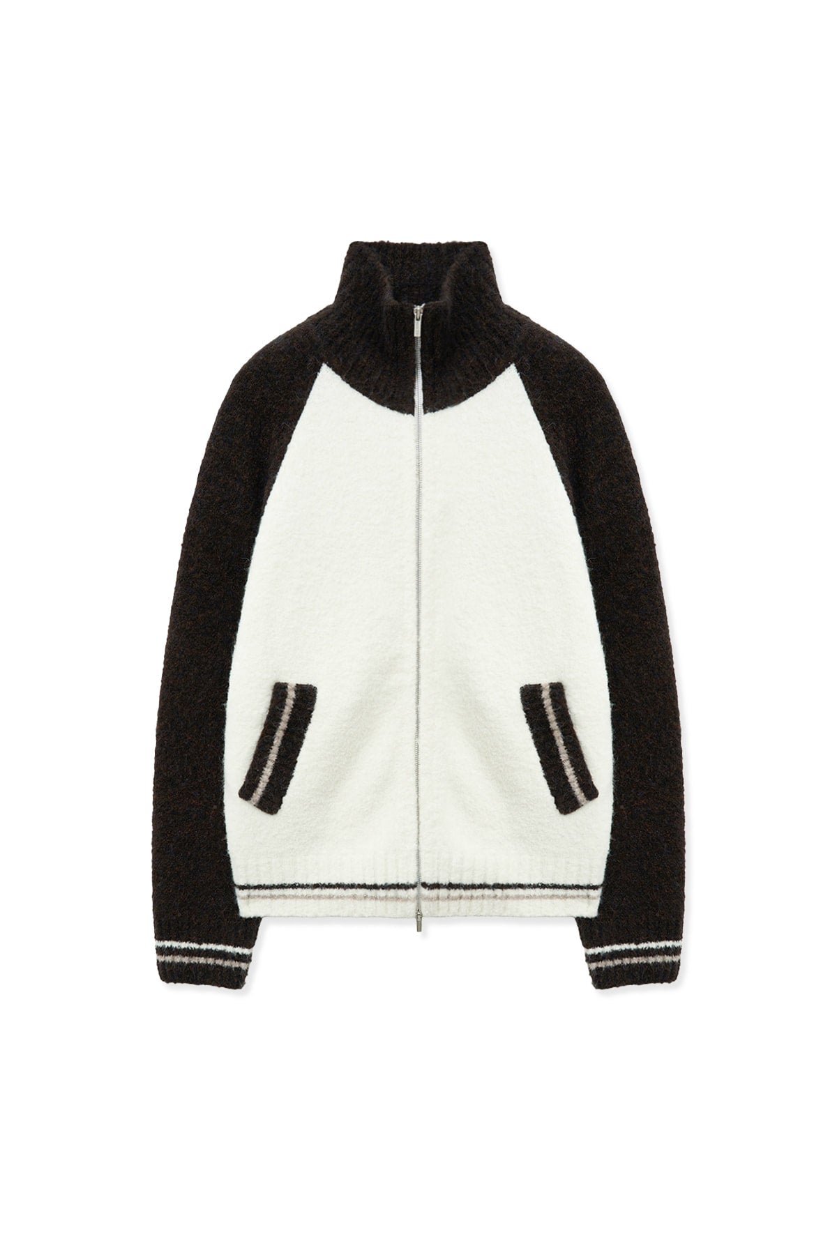 matinkim HIGH NECK RAGLAN KNIT ZIP UP FOR WOMEN IN DARK BROWN