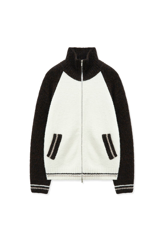 matinkim HIGH NECK RAGLAN KNIT ZIP UP FOR WOMEN IN DARK BROWN