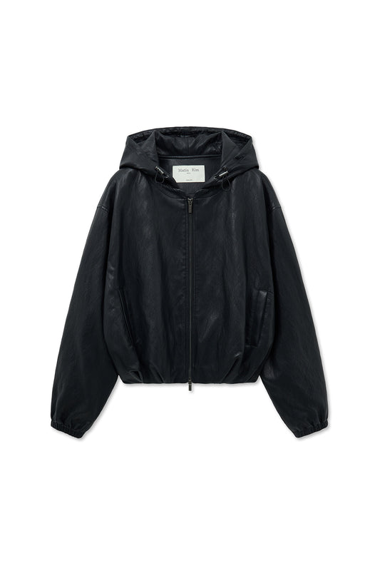 matinkim FAUX LEATHER HOODY CROP JUMPER IN BLACK