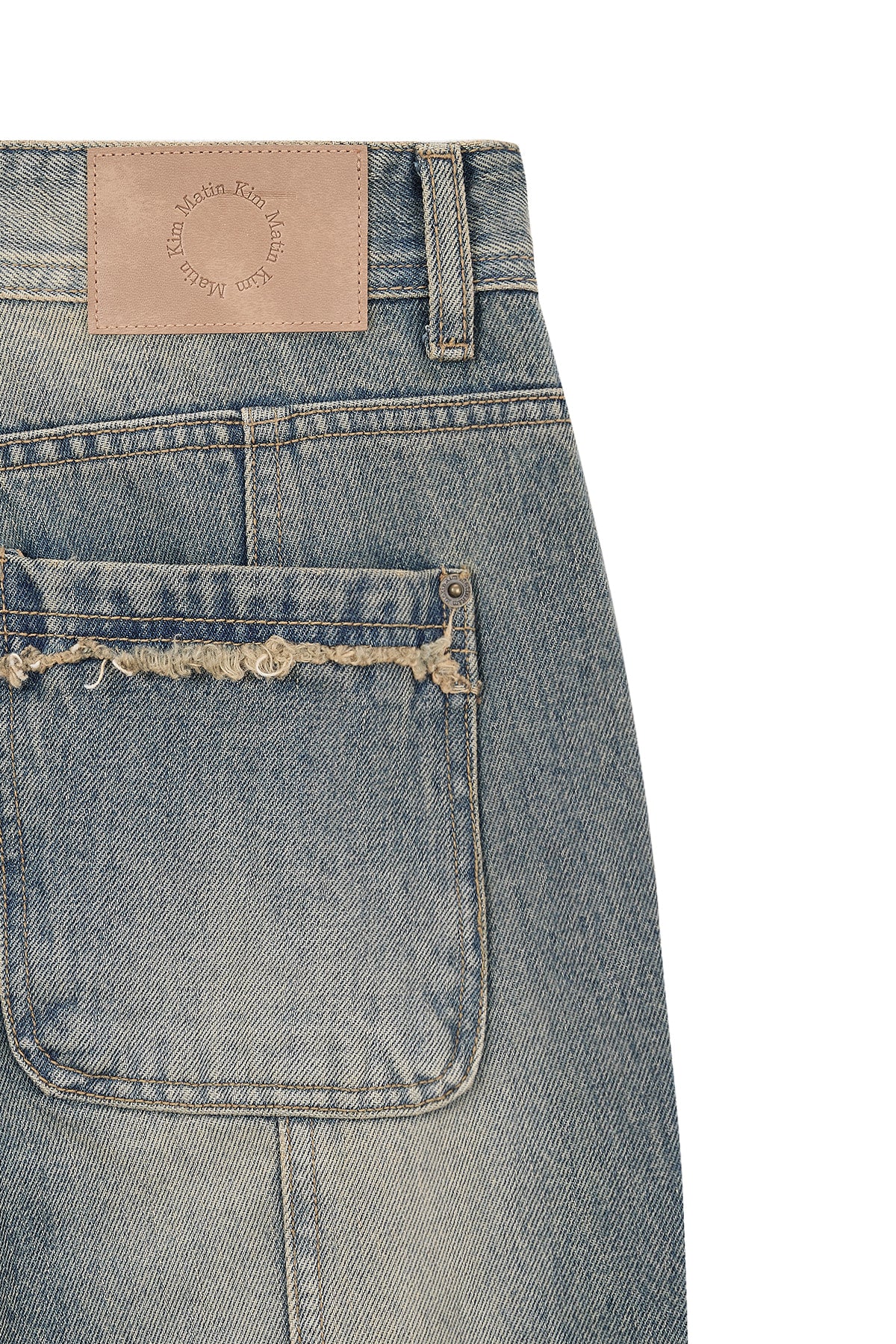 matinkim SEMI BOOTS CUT WASHED DENIM PANTS IN BLUE