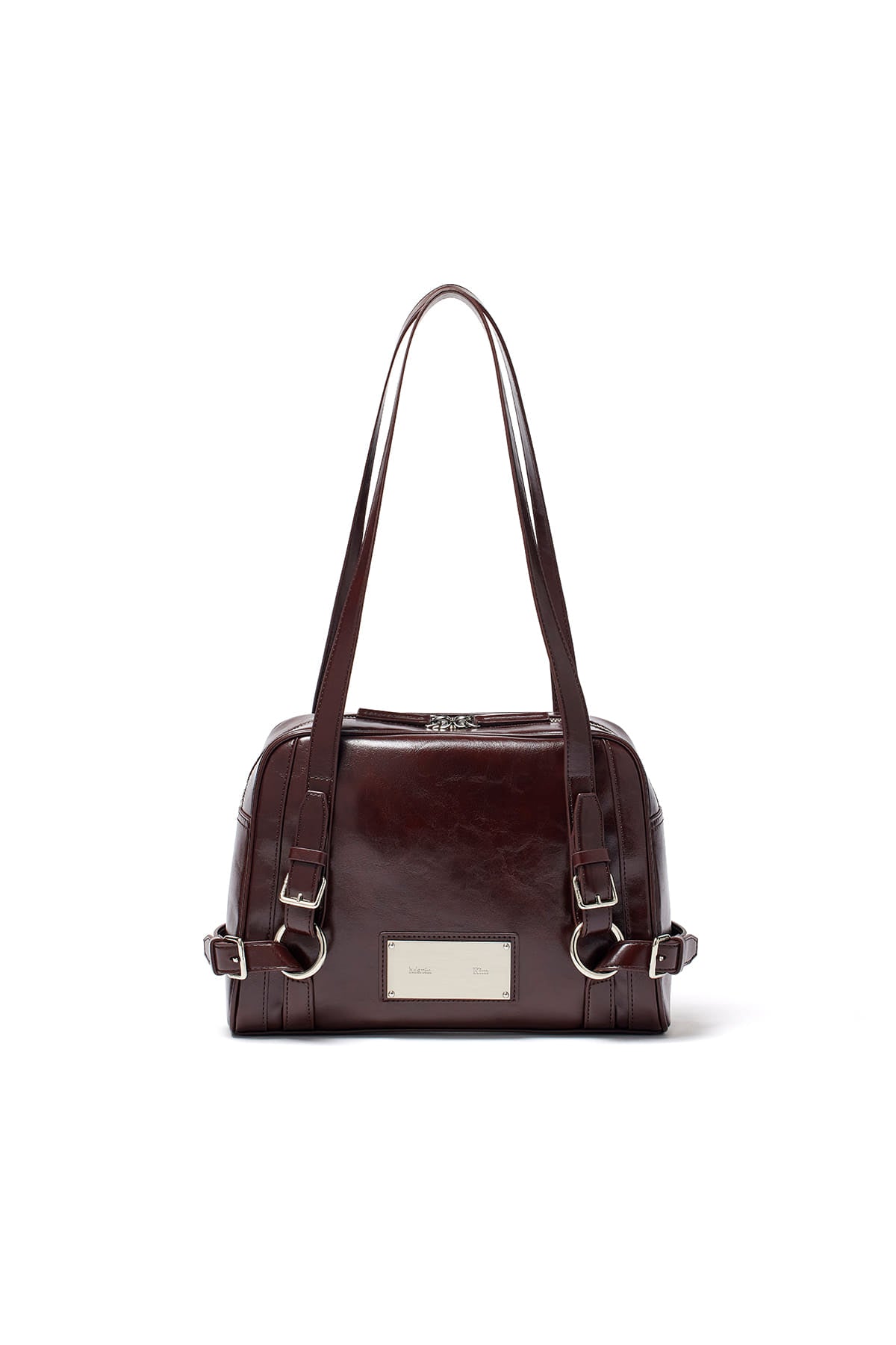 matinkim BIKER DETAIL SQUARE SHOULDER BAG IN DARK BROWN