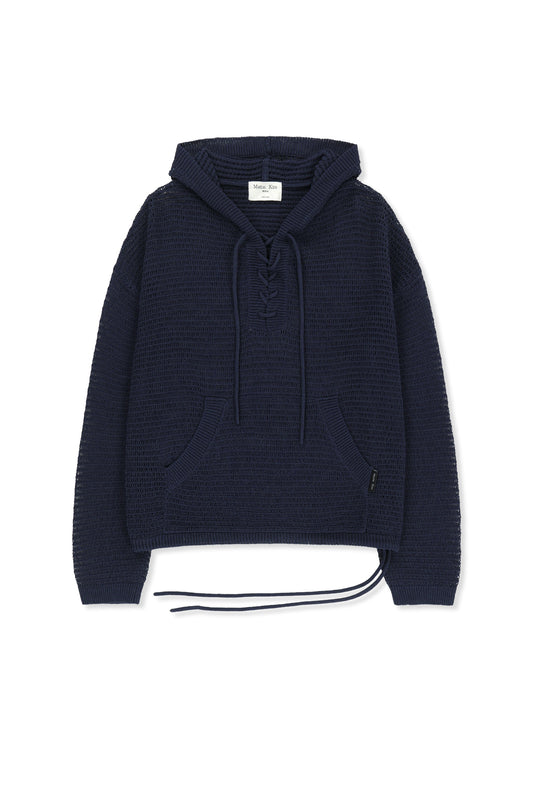 matinkim OVERSIZED MESH KNIT HOODIE IN NAVY