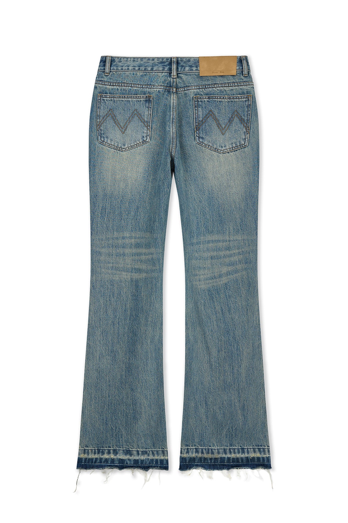 matinkim WASHED POINT BOOTS CUT DENIM PANTS IN BLUE