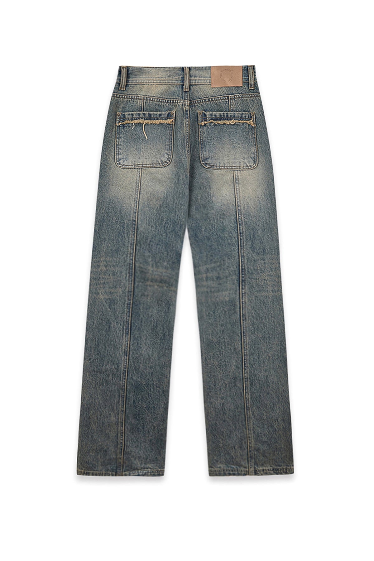 matinkim SEMI BOOTS CUT WASHED DENIM PANTS IN BLUE