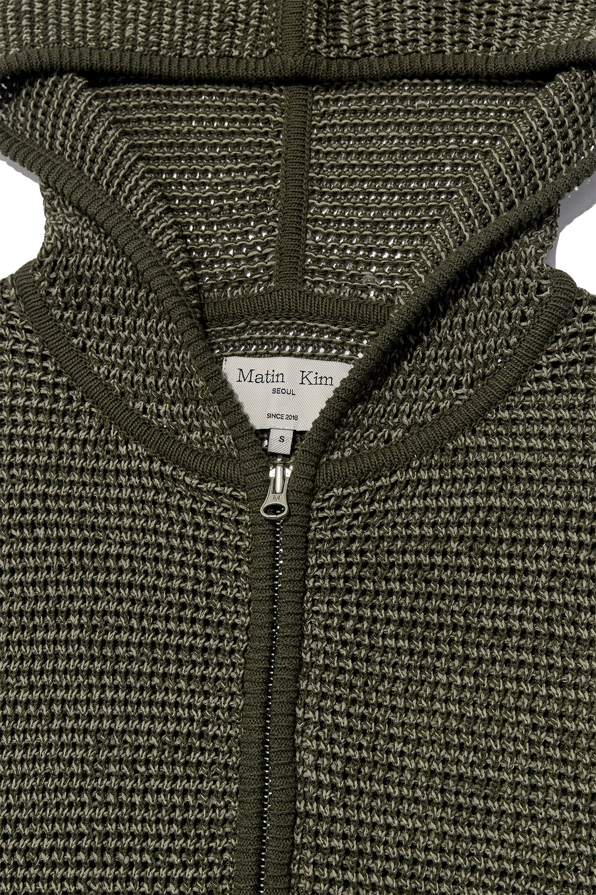 matinkim TWO TONE MESH KNIT HOODY ZIP UP IN KHAKI