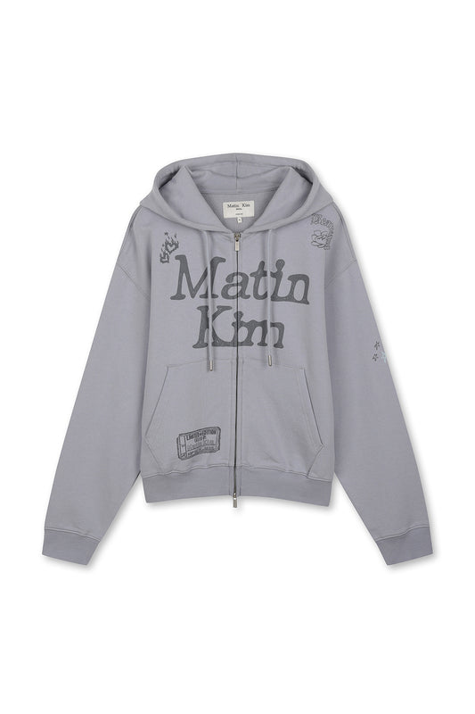 matinkim GRAFFITI ARTWORK HOODY ZIP UP IN SMOKE BLUE