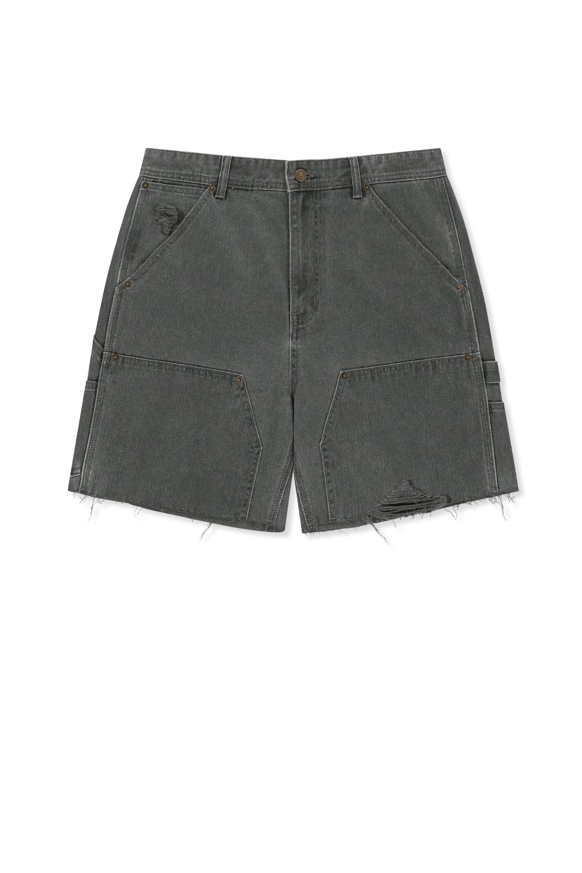 matinkim HERINGBONE RAW CUT DENIM SHORTS IN GREY