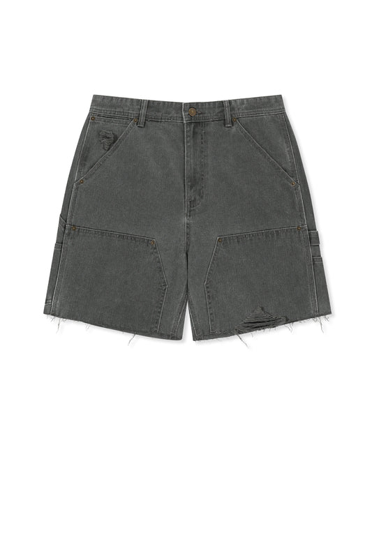 matinkim HERINGBONE RAW CUT DENIM SHORTS IN GREY