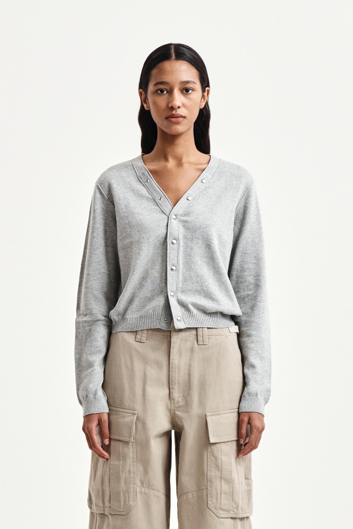 matinkim BACK LOGO SNAP BUTTON CARDIGAN IN GREY