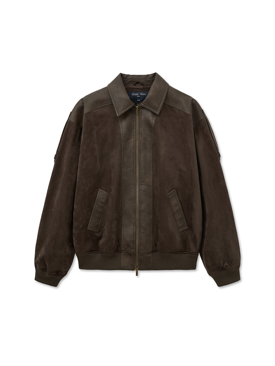 matinkim SUEDE MIX LEATHER ZIP UP JUMPER FOR MEN IN BROWN