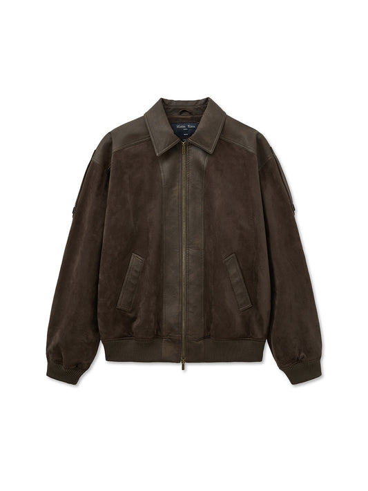 matinkim SUEDE MIX LEATHER ZIP UP JUMPER FOR MEN IN BROWN