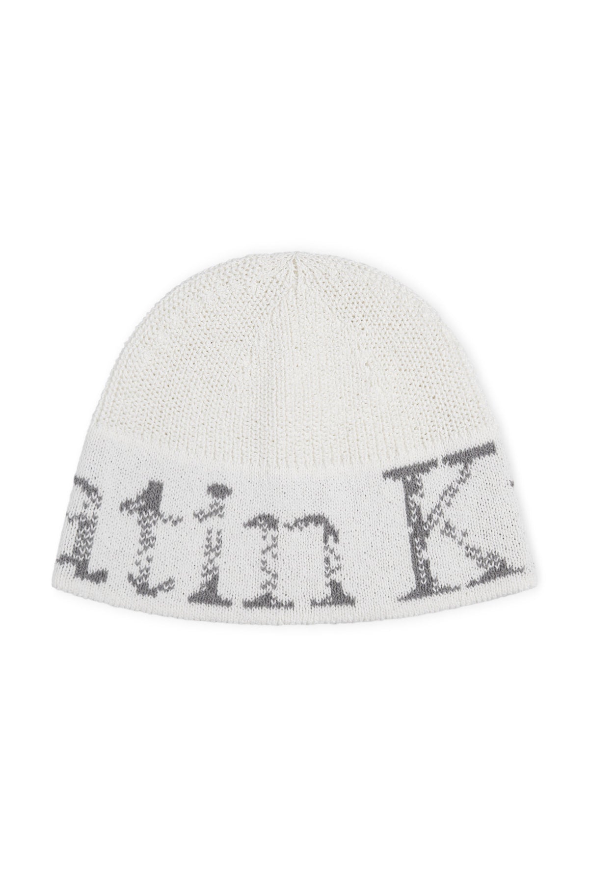 matinkim CRACKED LOGO LIGHT BUCKET BEANIE IN IVORY