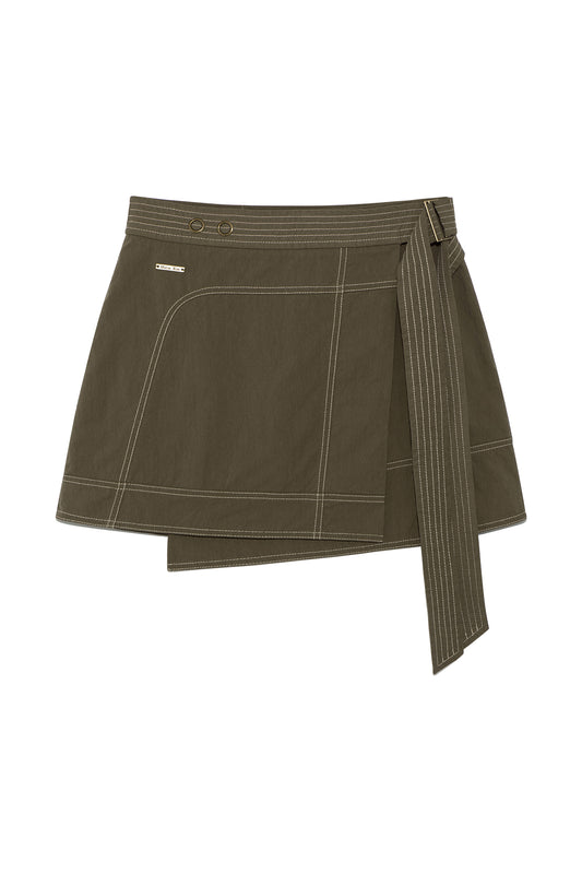 matinkim STITCH POINT BELTED WRAP SKIRT IN KHAKI