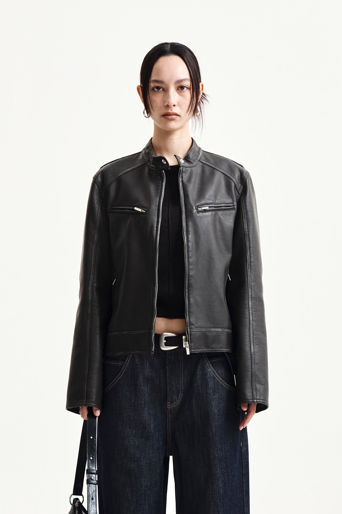 matinkim WASHED FAUX LEATHER RACER JUMPER IN CHARCOAL