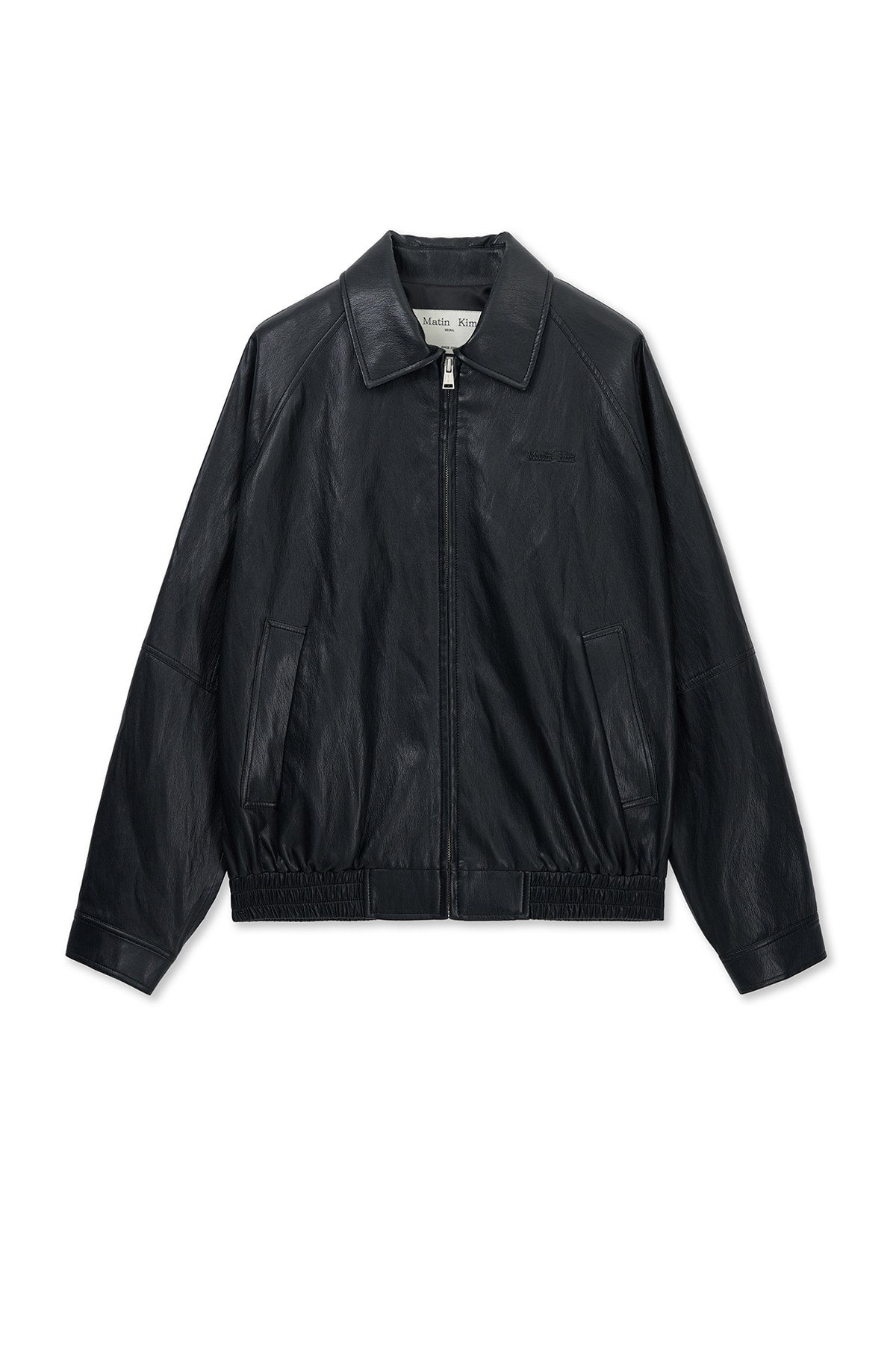 matinkim SMALL LOGO FAUX LEATHER ZIP UP JUMPER IN BLACK