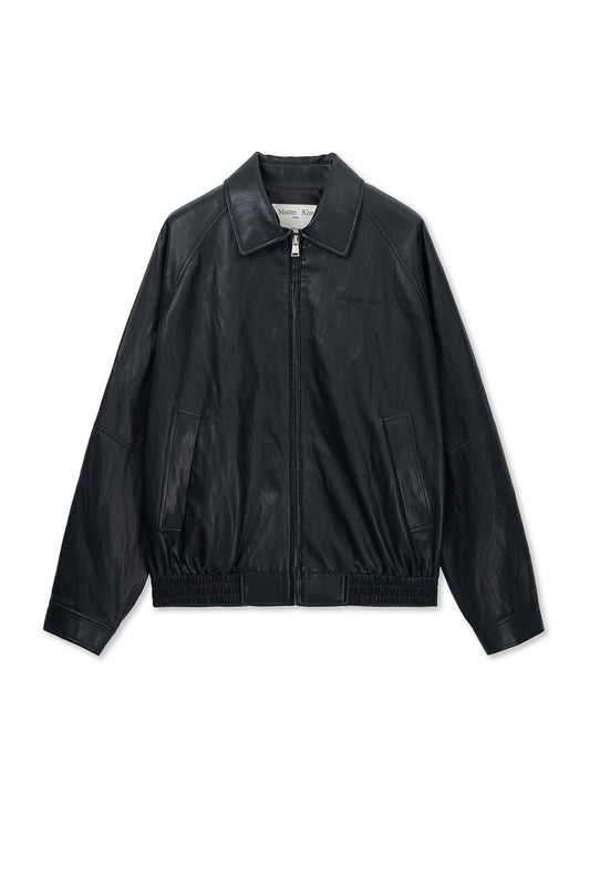 matinkim SMALL LOGO FAUX LEATHER ZIP UP JUMPER IN BLACK