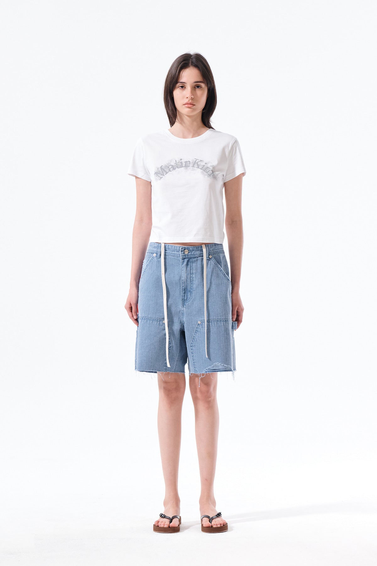 matinkim HERINGBONE RAW CUT DENIM SHORTS IN LIGHT BLUE