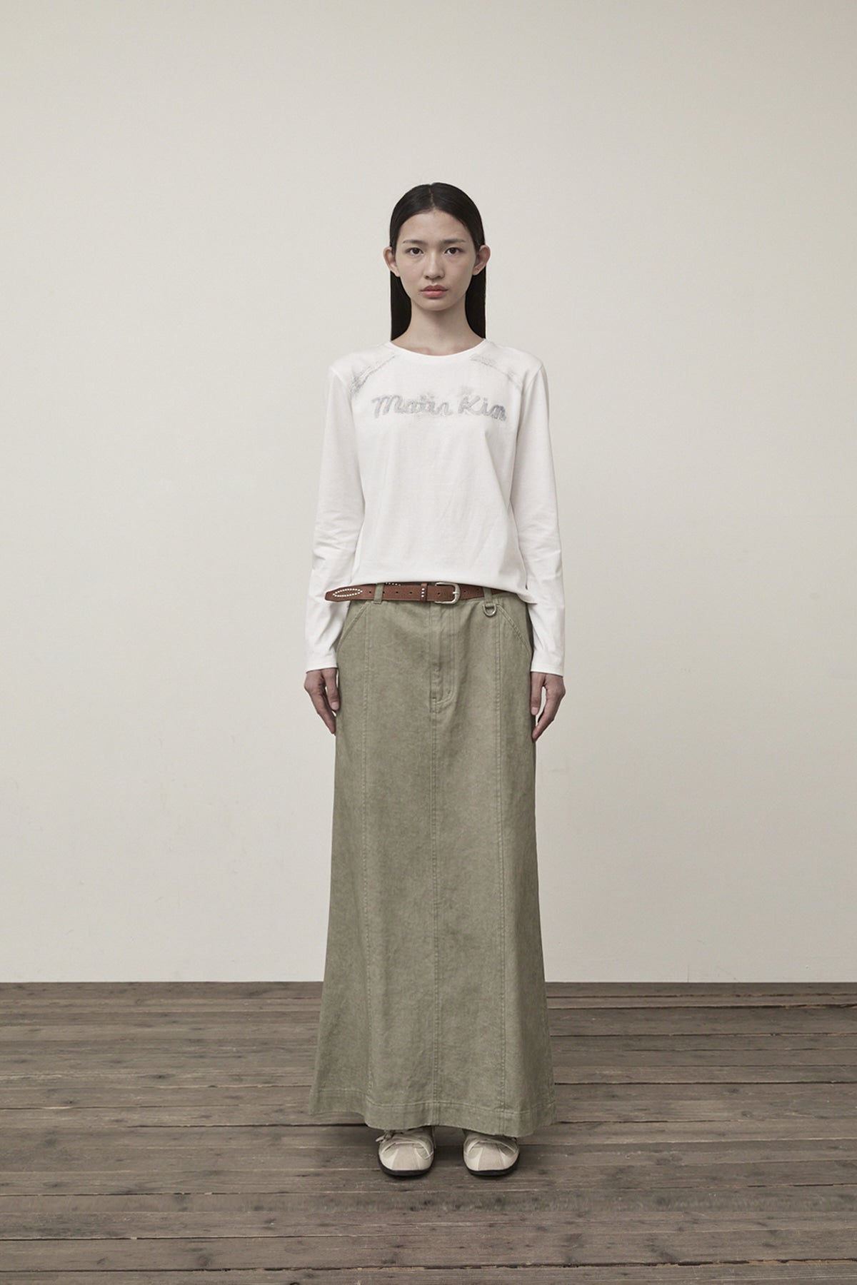 matinkim WASHED MERMAID LONG SKIRT IN LIGHT KHAKI