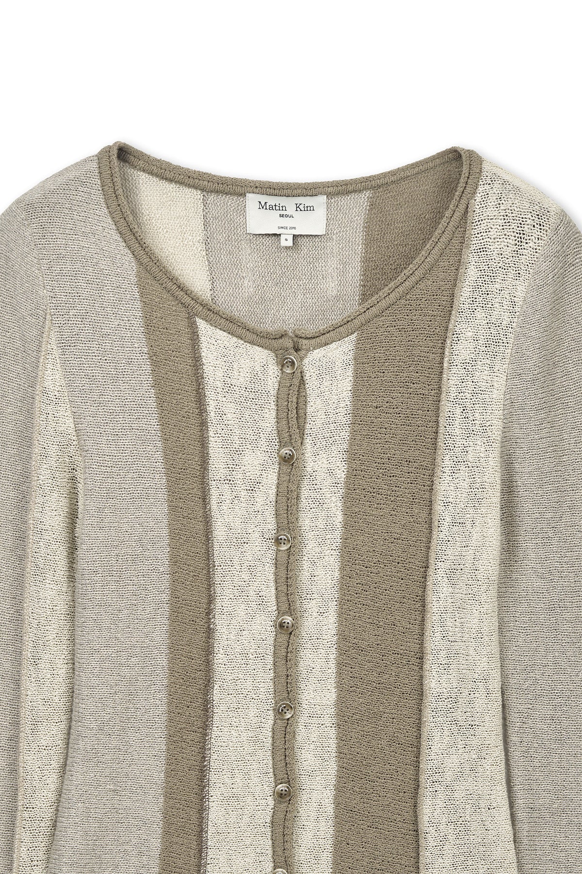 matinkim COLOR BLOCK SLIM KNIT CARDIGAN IN BEIGE