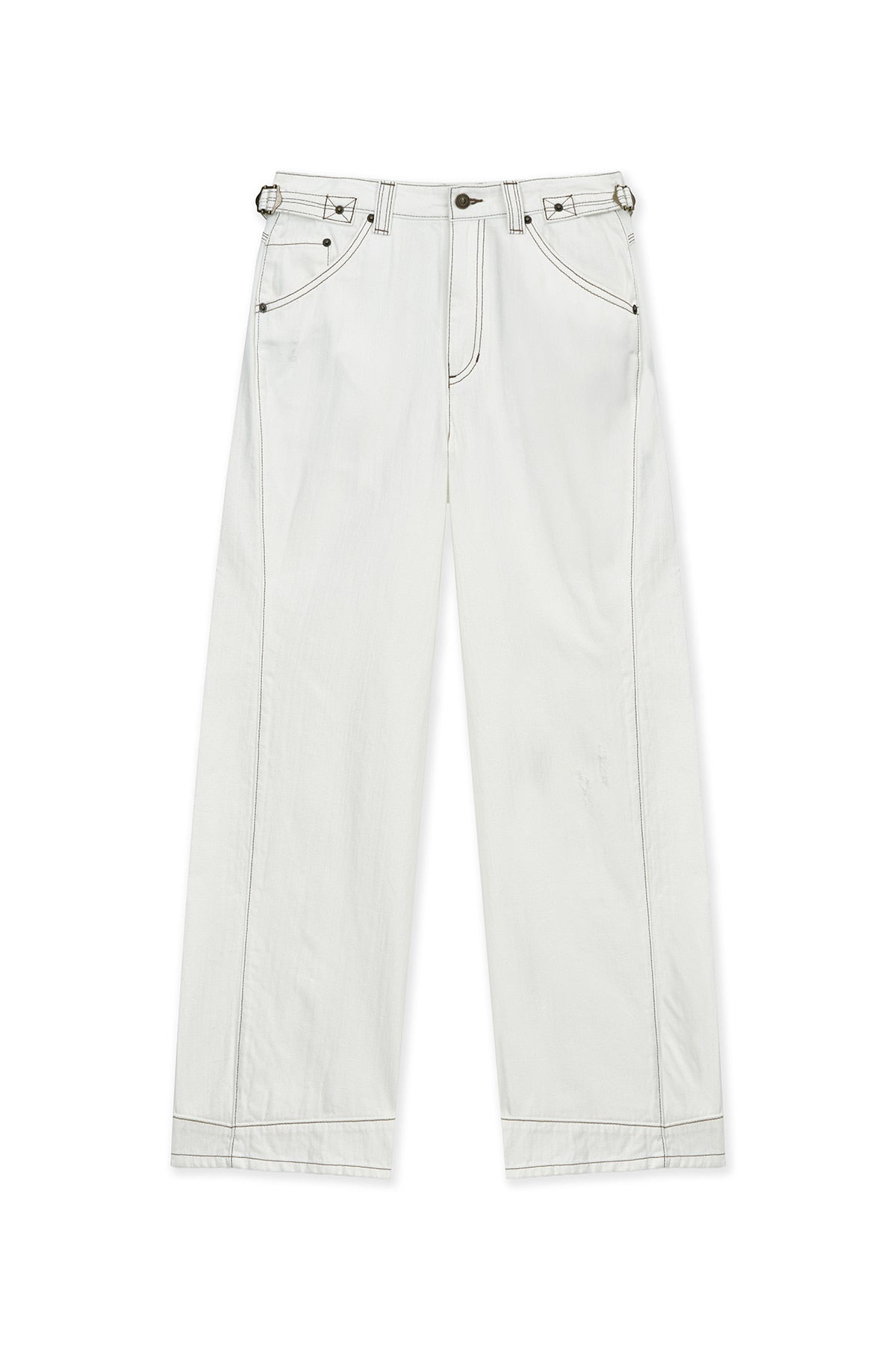 matinkim WAIST BUCKLE STITCH POINT TWILL DENIM PANTS IN IVORY