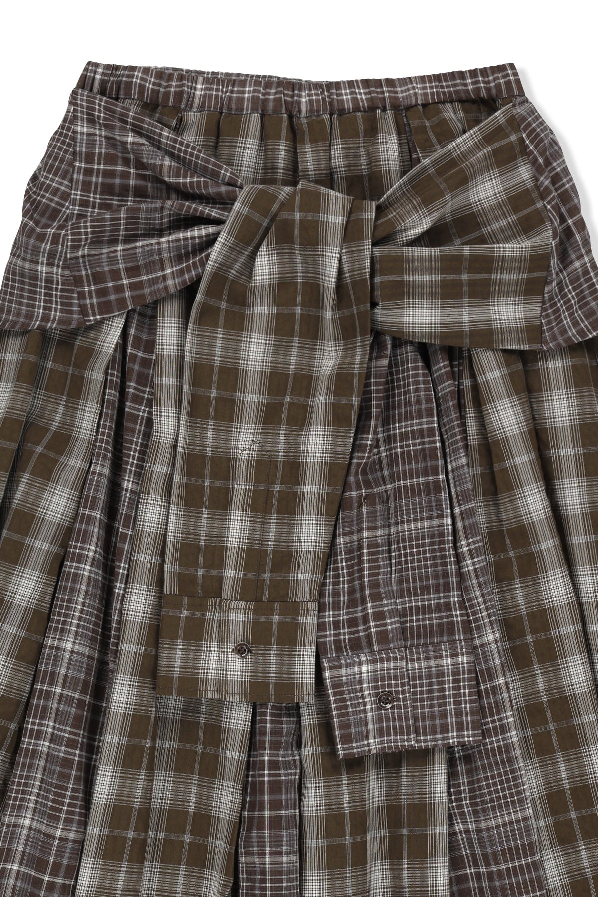 matinkim MIXED CHECK SLEEVE TIE FLARE SKIRT IN BROWN
