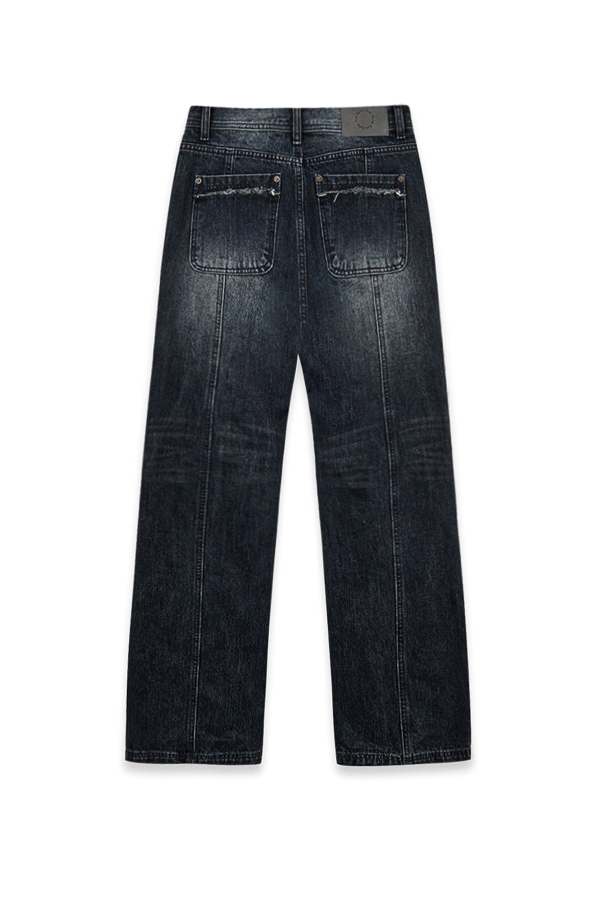 matinkim SEMI BOOTS CUT WASHED DENIM PANTS IN NAVY