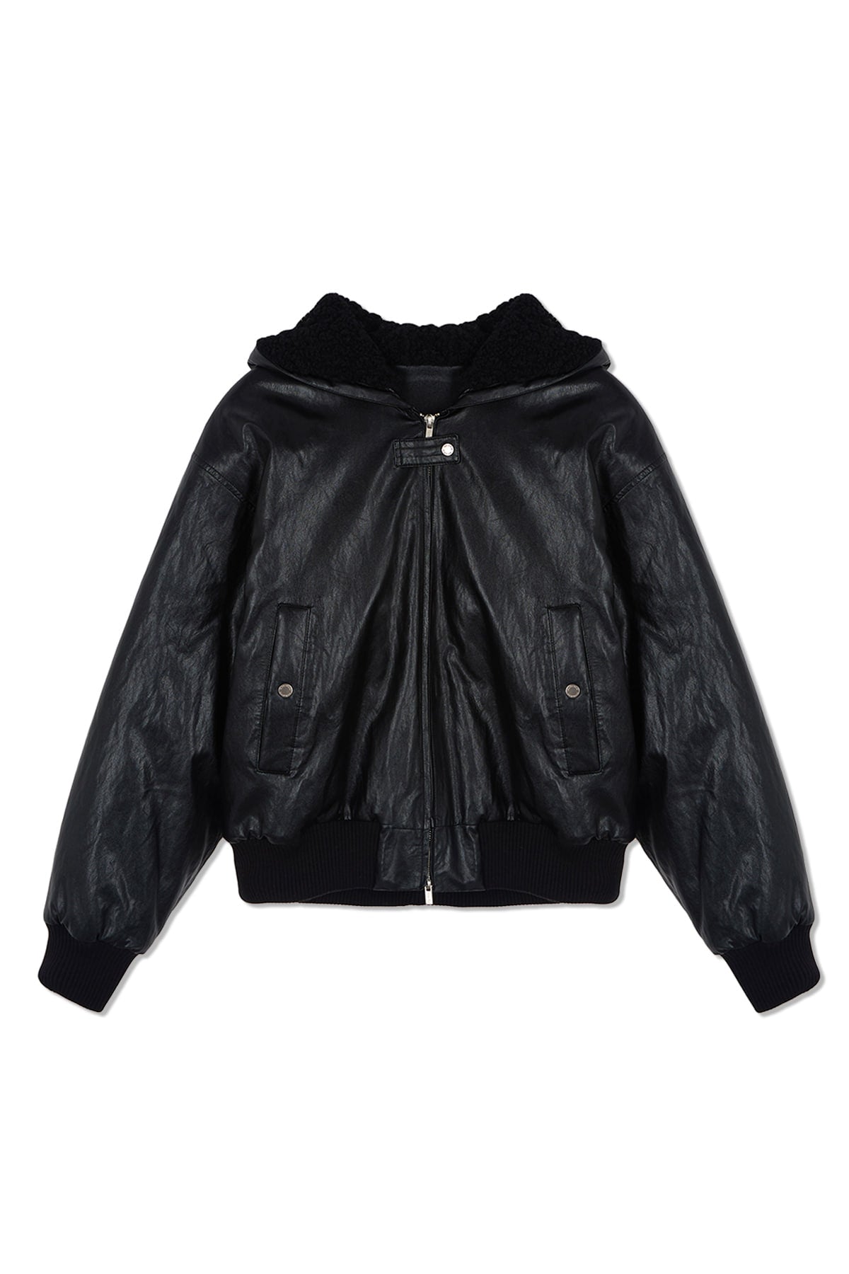 matinkim FAUX LEATHER ZIP UP HOODY IN BLACK