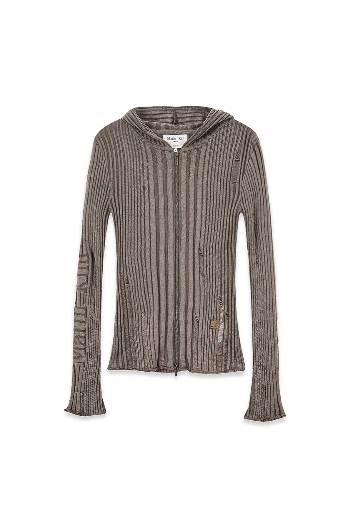 matinkim LOGO POINT DAMAGE SLIM HOODY CARDIGAN IN KHAKI BROWN