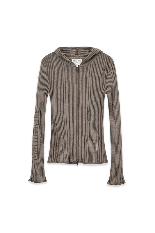 matinkim LOGO POINT DAMAGE SLIM HOODY CARDIGAN IN KHAKI BROWN
