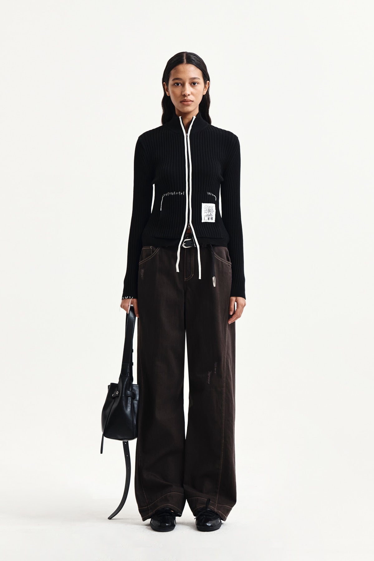matinkim WAIST BUCKLE STITCH POINT TWILL DENIM PANTS IN BROWN